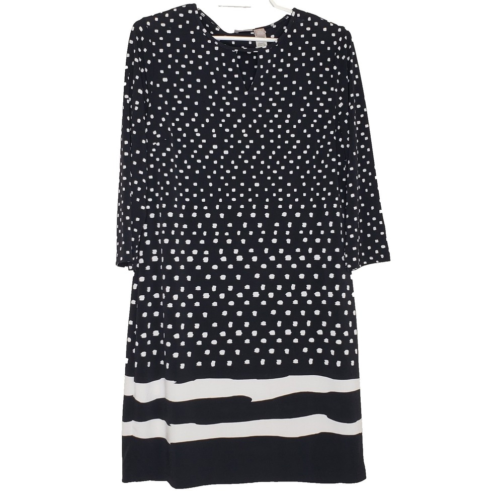 Chico's Shift Dress Size 1 Black White Print Key Hole Neck 3/4 Sleeve Stretch